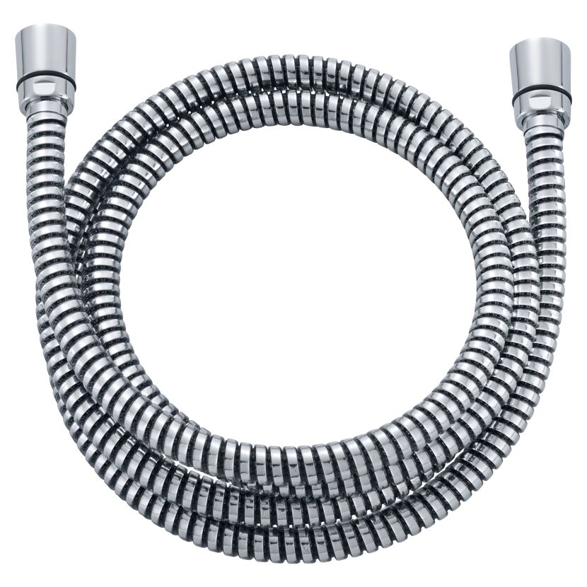 Metallischer Duschschlauch, aufgerollt.