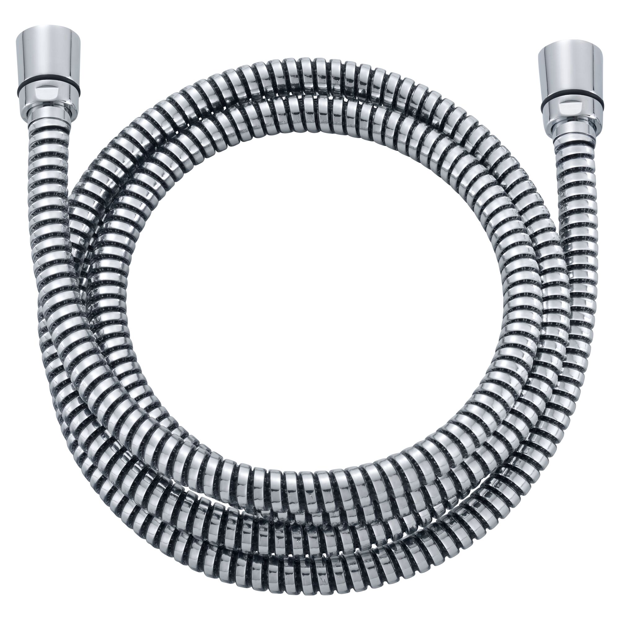 Metallischer Duschschlauch, aufgerollt.
