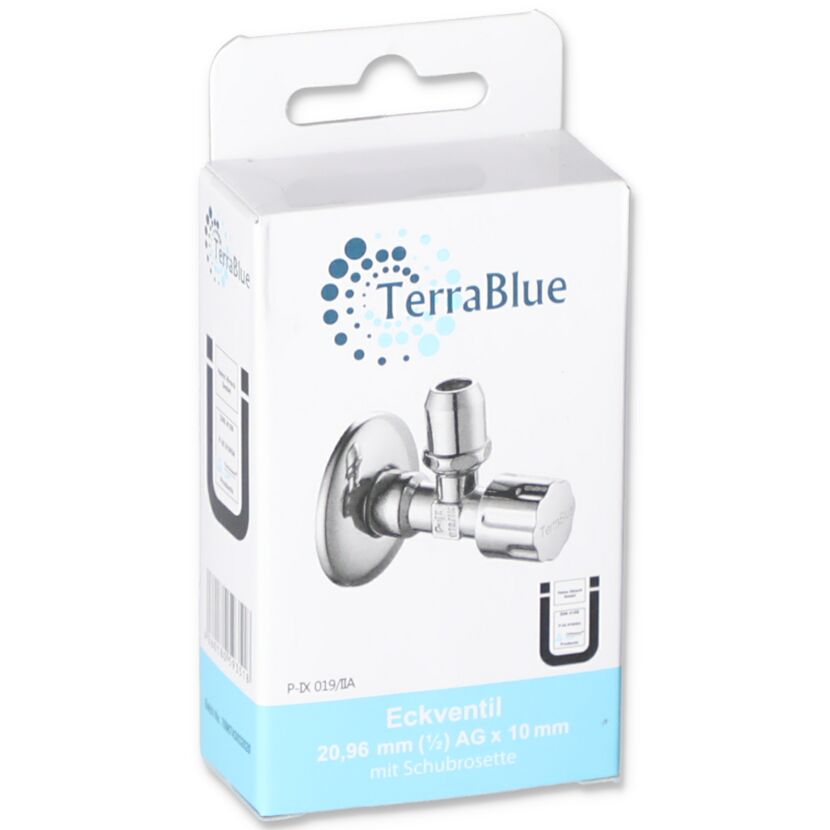 TerraBlue Eckventil mit Schubrosette in Verpackung