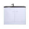 Waschbeckenunterschrank mit Waschbecken und Wasserhahn.