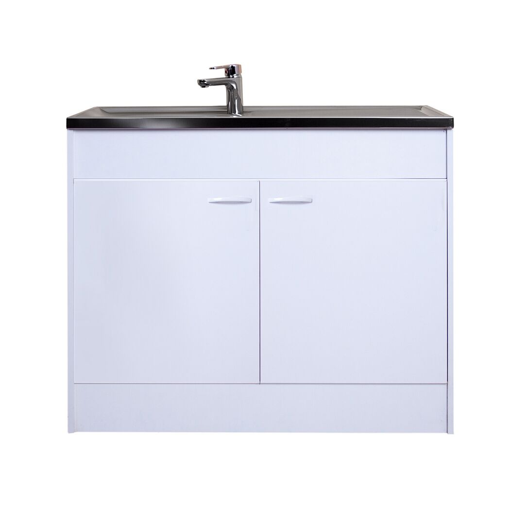 Waschbeckenunterschrank mit Waschbecken und Wasserhahn.