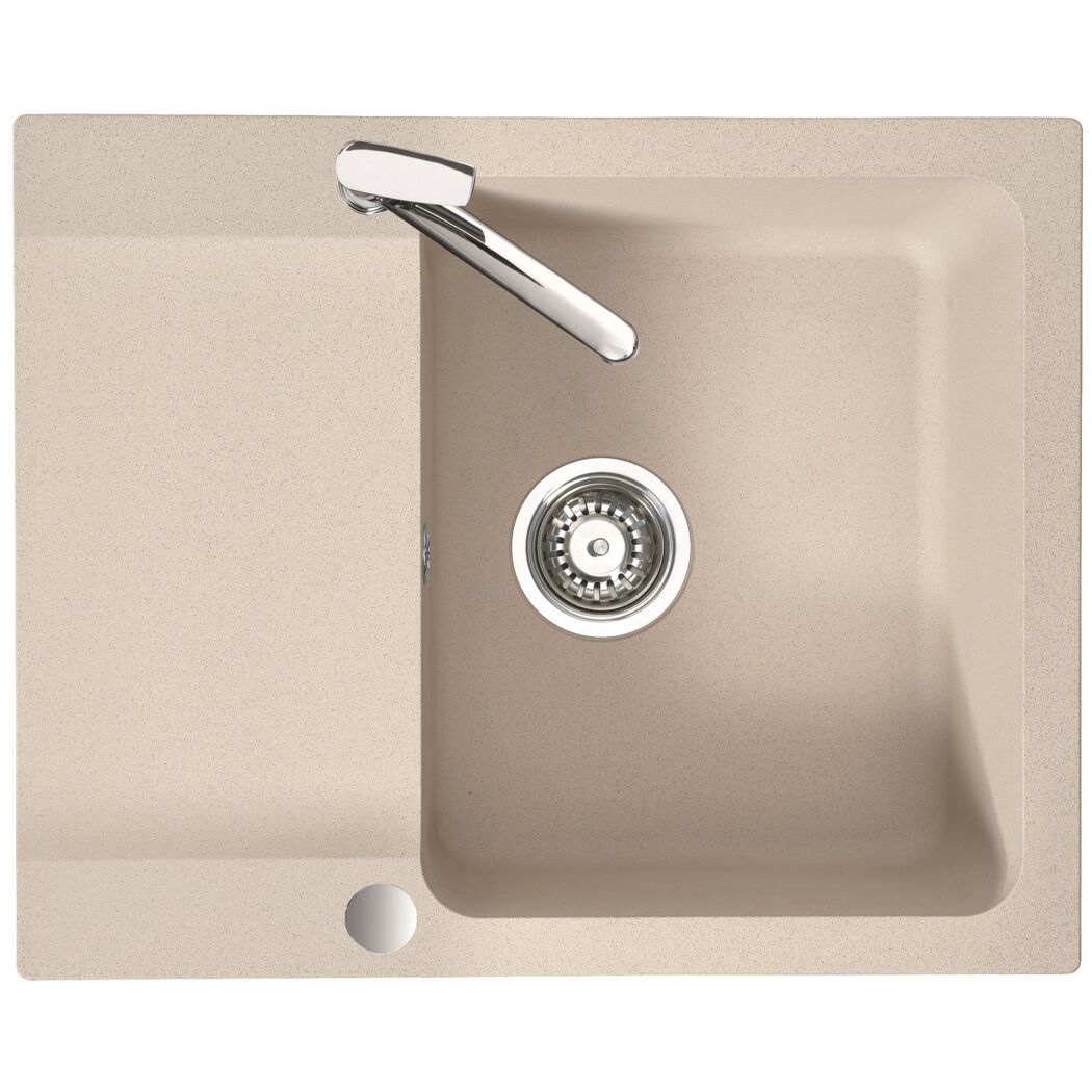 Beige Spüle mit Abfluss und Wasserhahn.