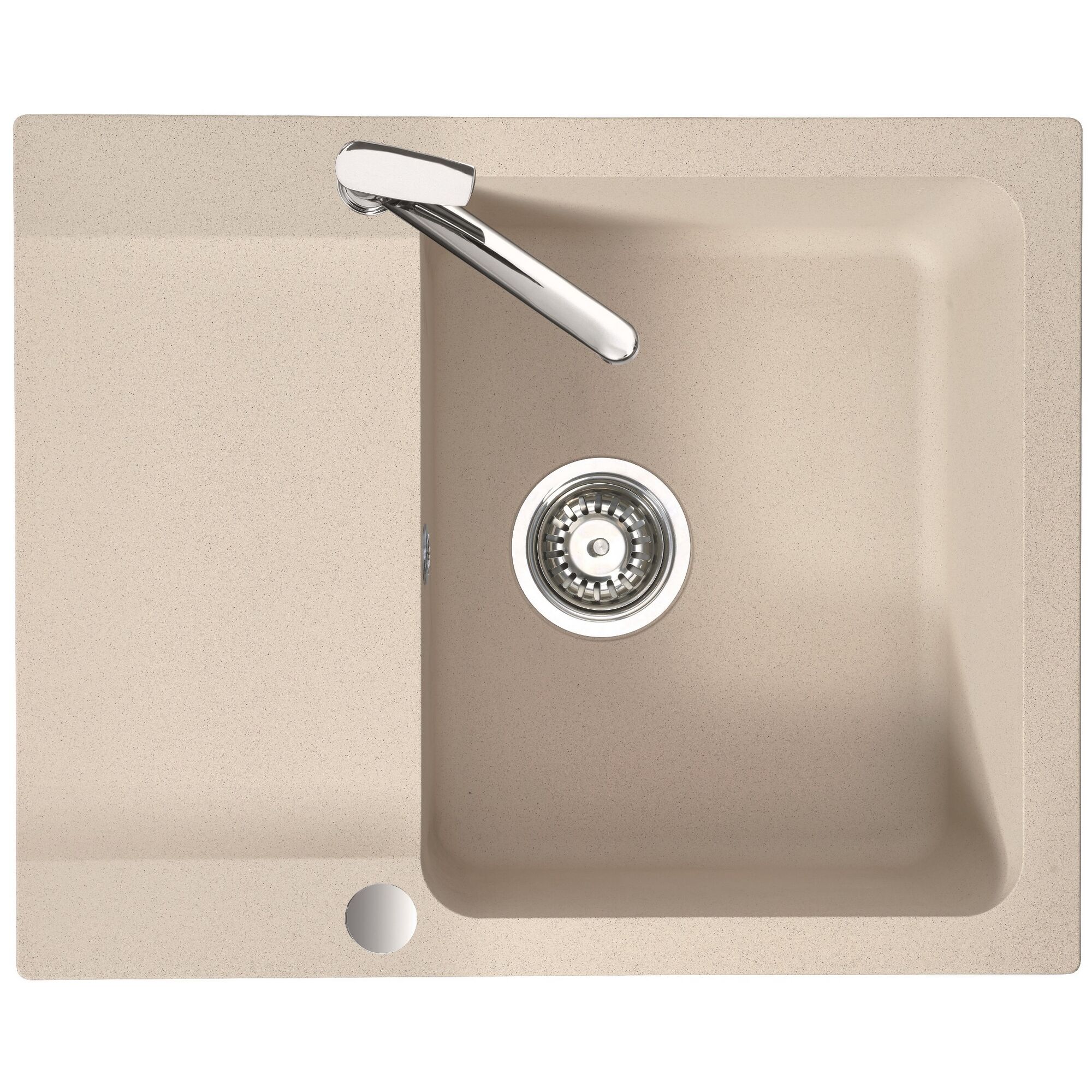 Beige Spüle mit Abfluss und Wasserhahn.