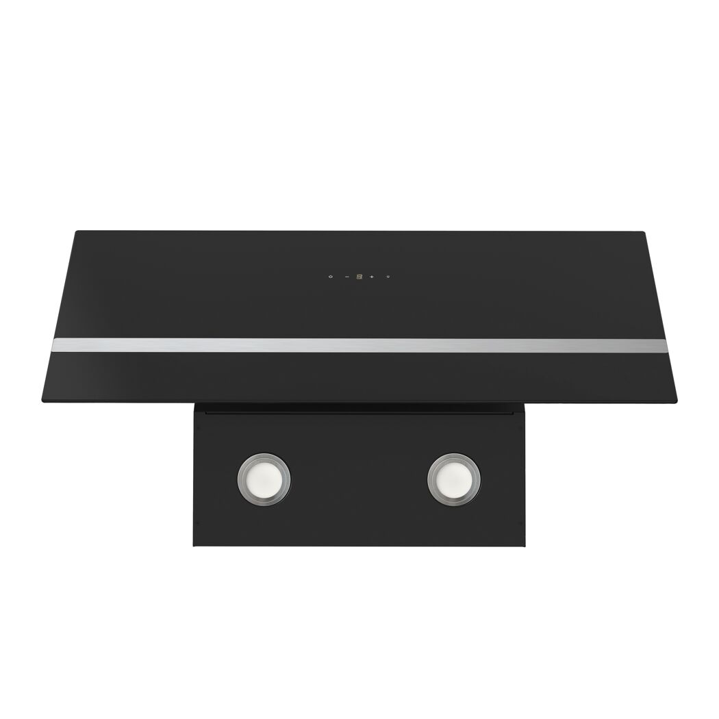 Schwarze Dunstabzugshaube mit silbernem Streifen und Beleuchtung