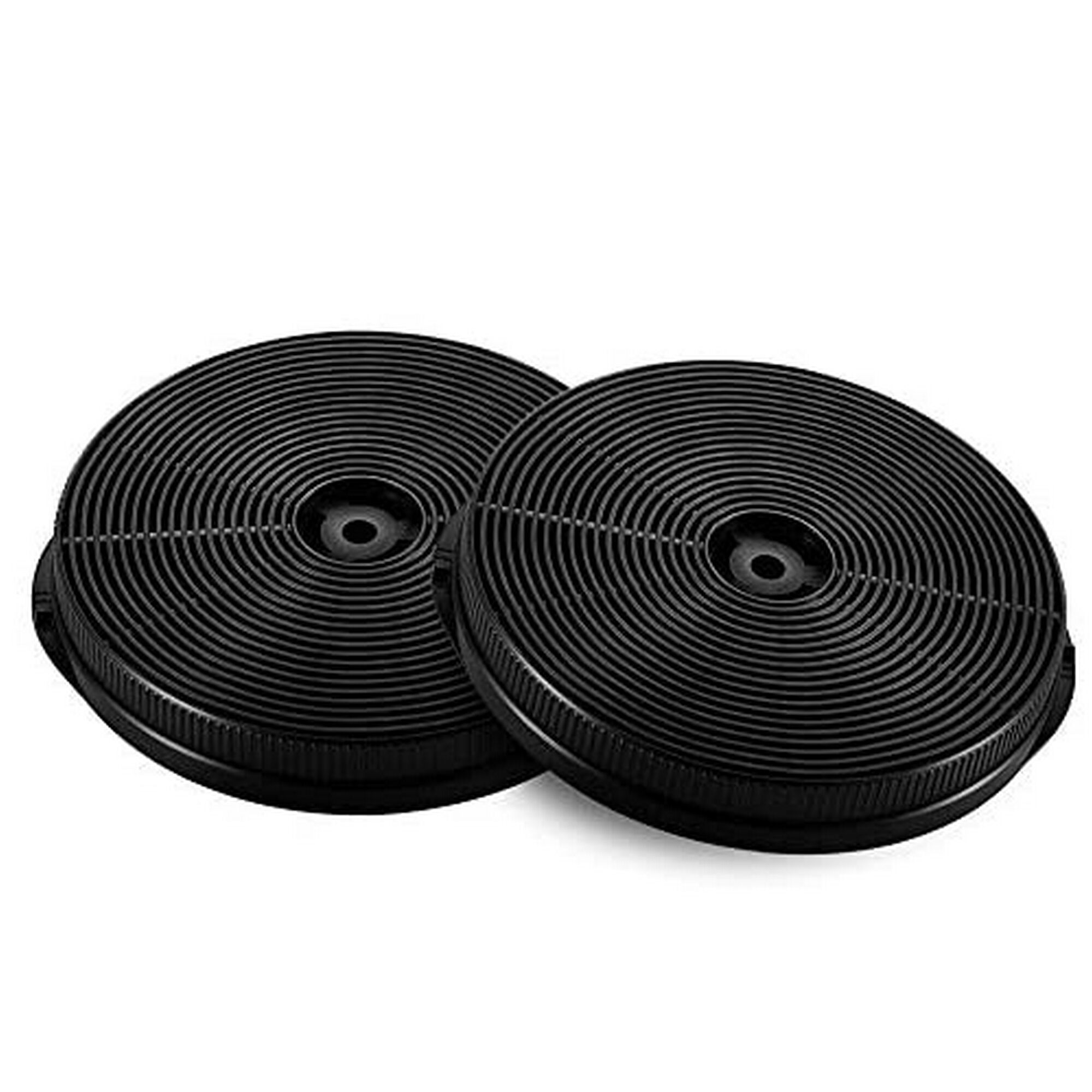 Zwei schwarze Kohlefilter für Dunstabzugshauben.