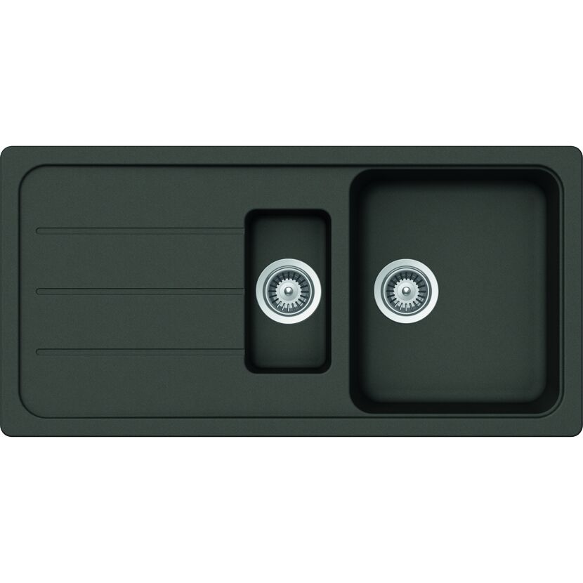 Schwarze Einbauspüle mit zwei Becken.