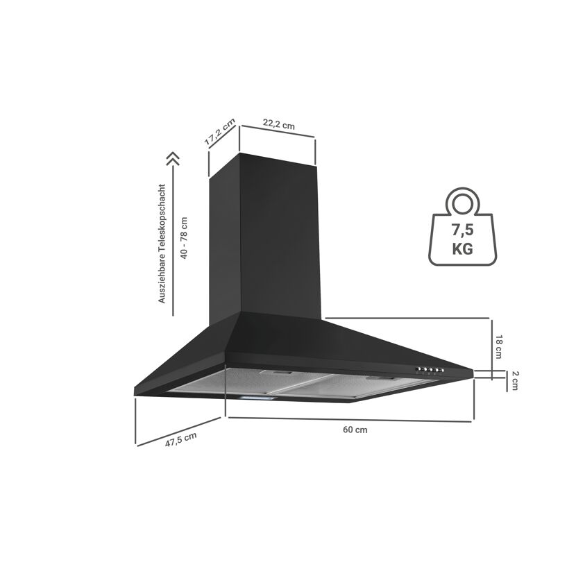 Schwarze Kaminhaube mit Maßen