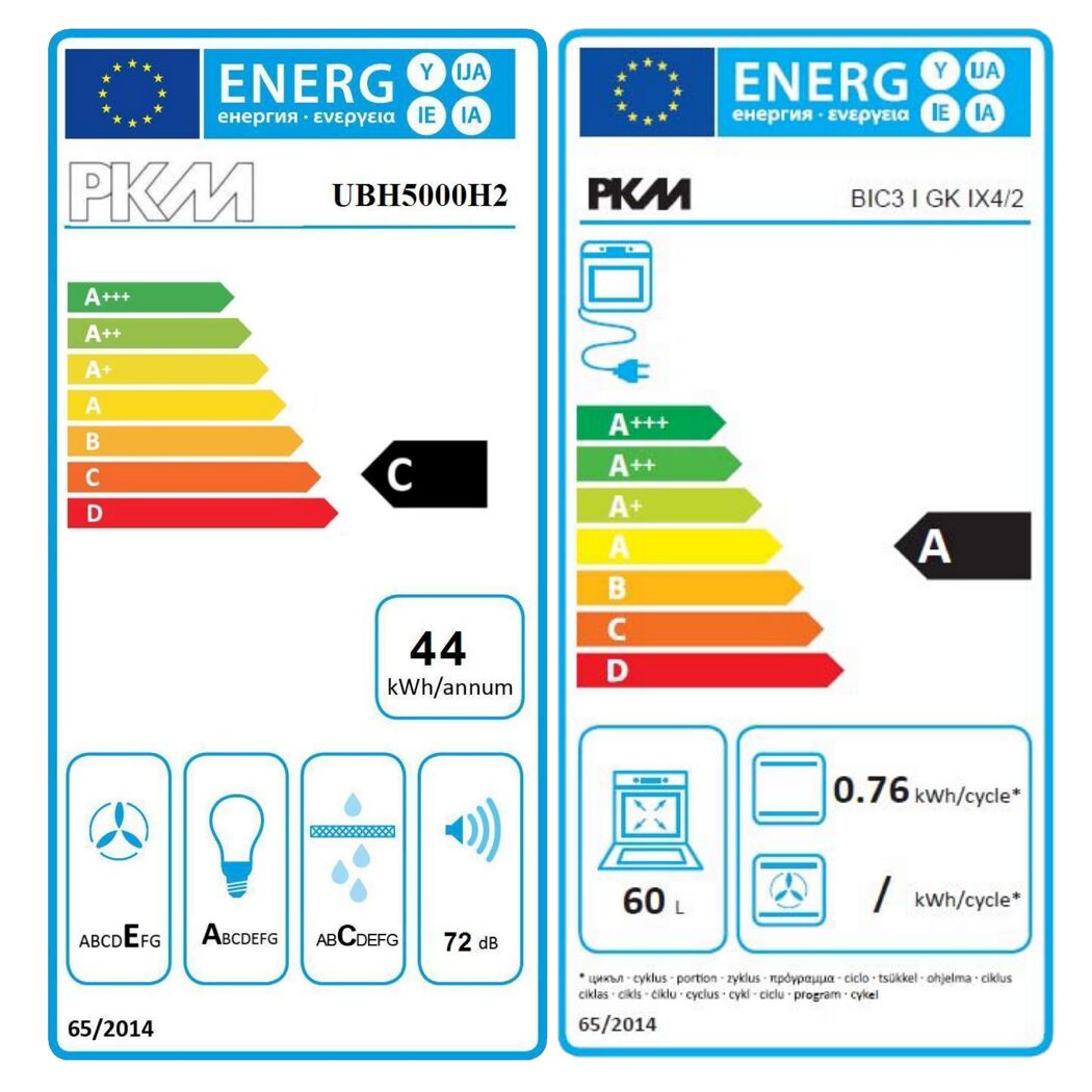 Zwei Energielabel für Backöfen der Marke PKM