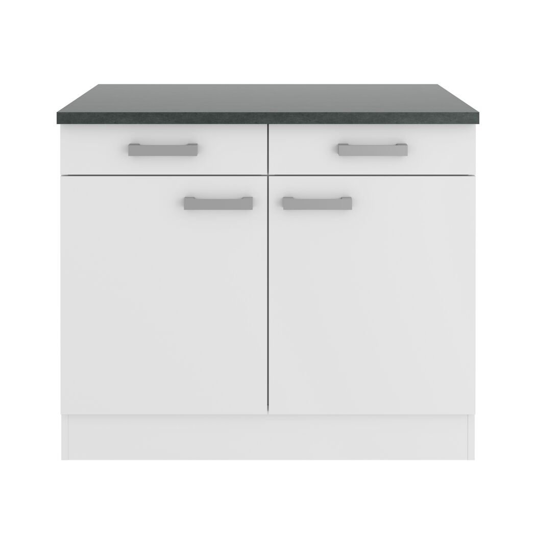 Weißer Küchenschrank mit zwei Schubladen und zwei Schranktüren.