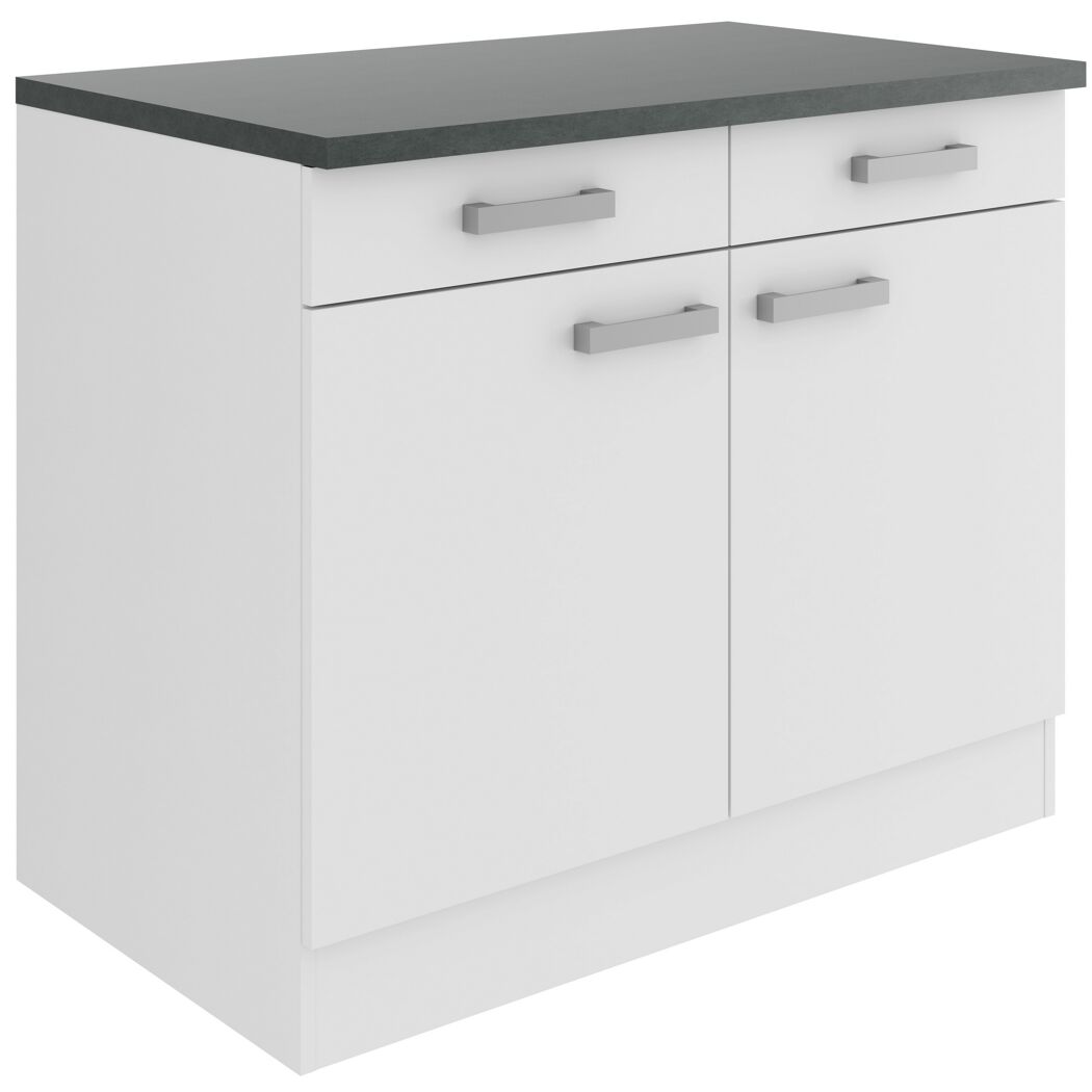 Weißer Küchenschrank mit Arbeitsplatte und zwei Schubladen.