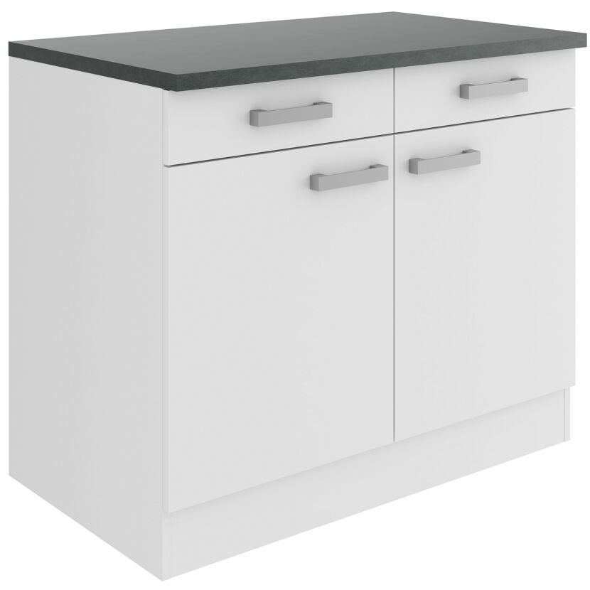 Weißer Küchenschrank mit Arbeitsplatte und zwei Schubladen.