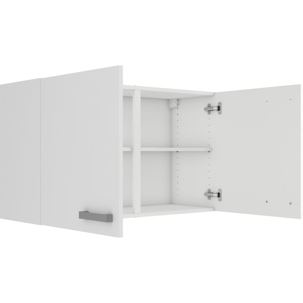 Weißer Hängeschrank mit geöffneter Tür und Einlegeböden.