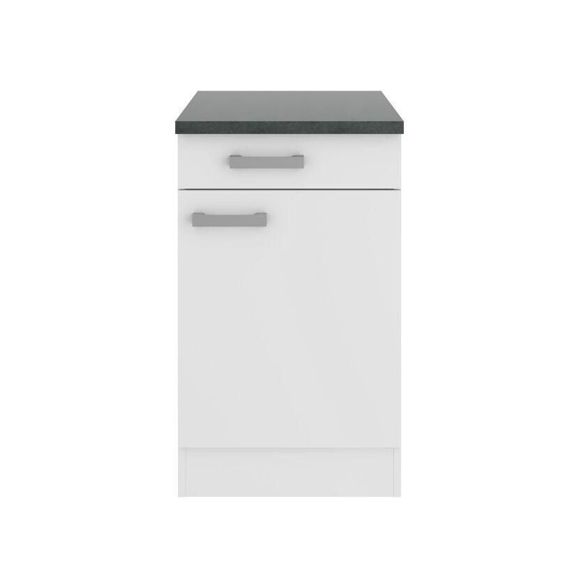 Weißer Unterschrank mit grauer Arbeitsplatte.