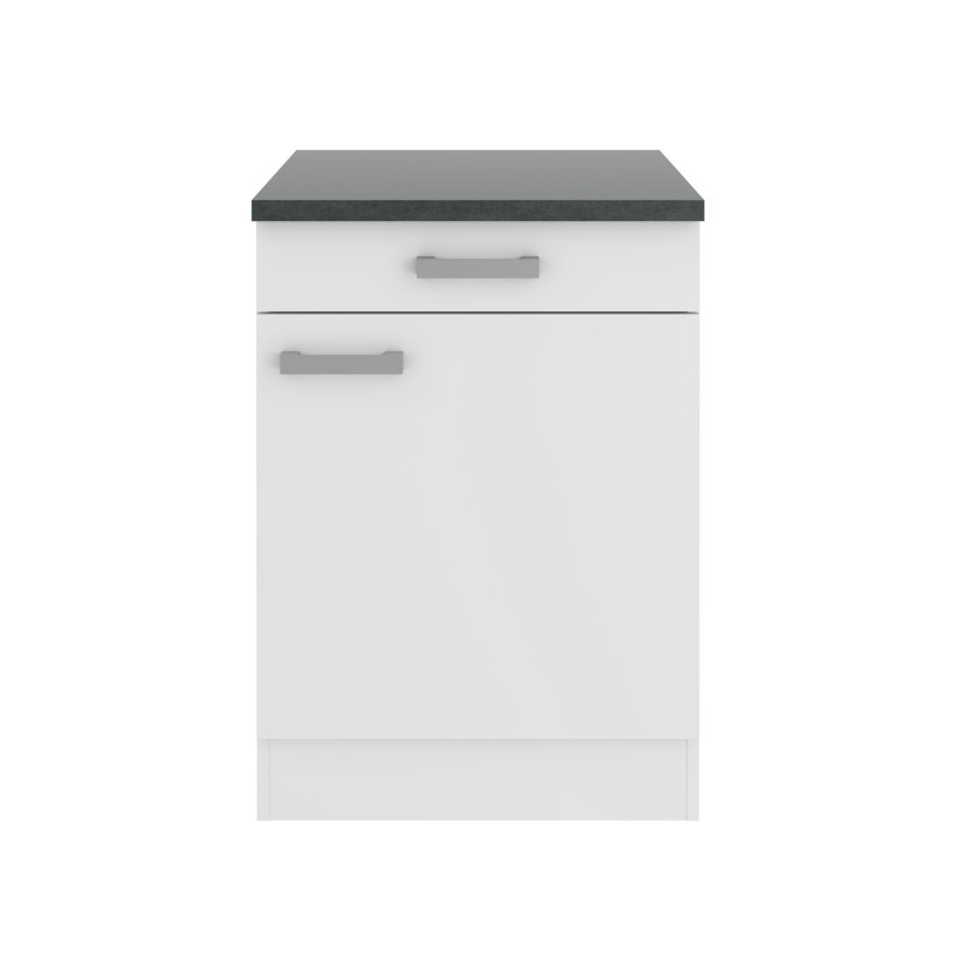 Weißer Unterschrank mit grauer Arbeitsplatte.