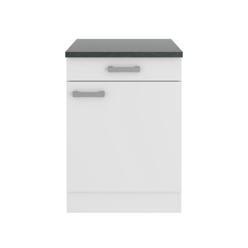 Weißer Unterschrank mit grauer Arbeitsplatte.