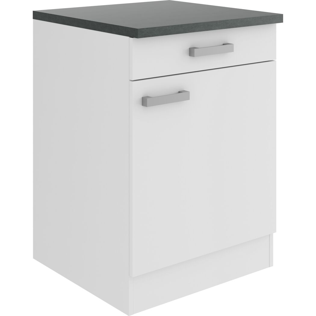 Weißer Küchenschrank mit grauer Arbeitsplatte.
