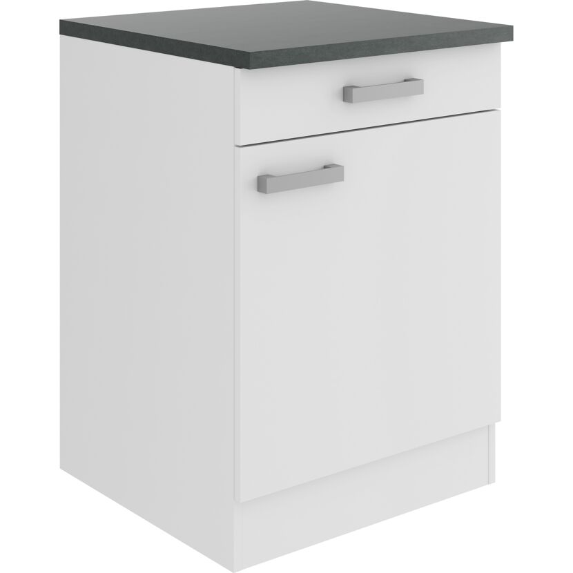 Weißer Küchenschrank mit grauer Arbeitsplatte.