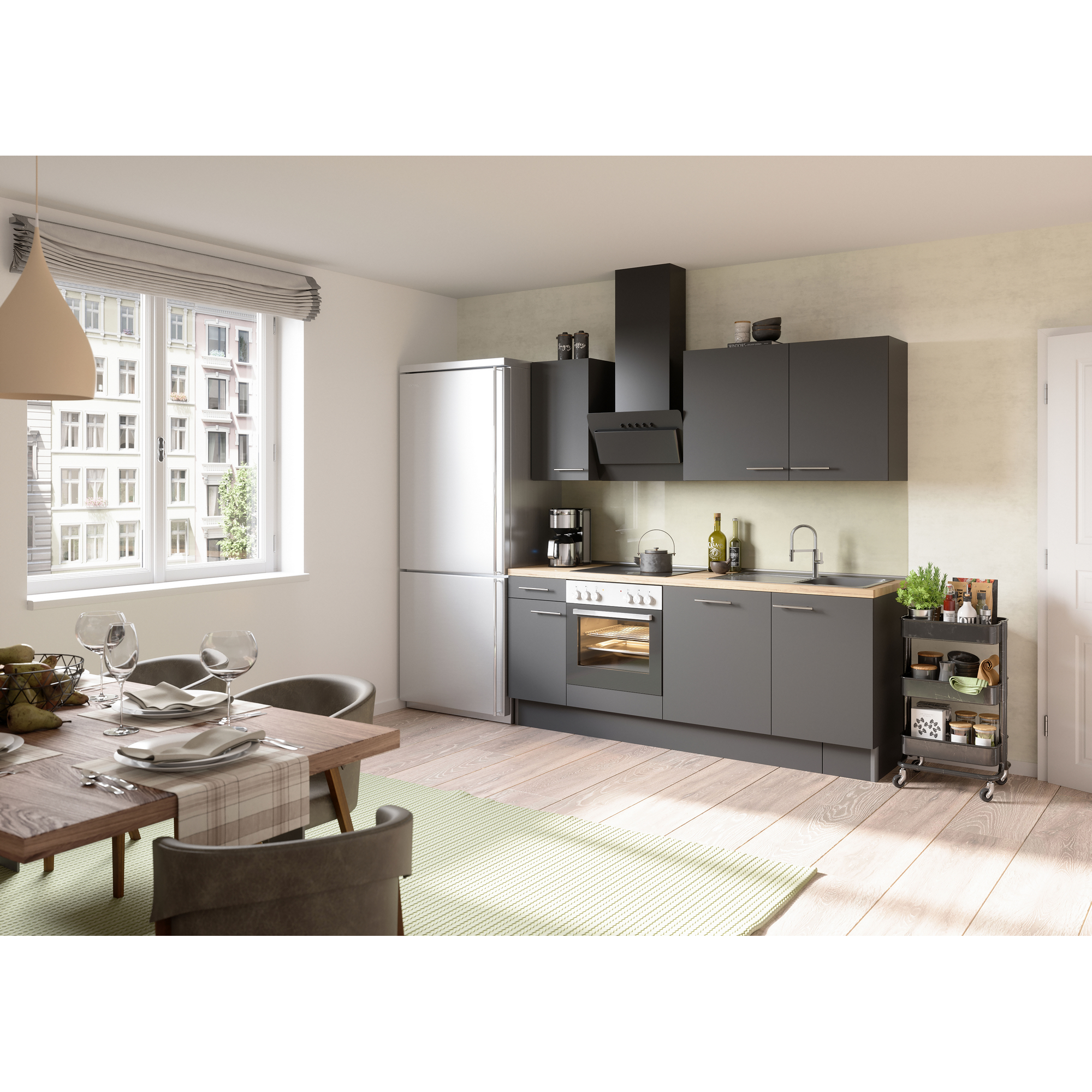 Küchenzeile mit E-Geräten 'OPTIkoncept Ingvar420' anthrazit matt 210 cm + product picture