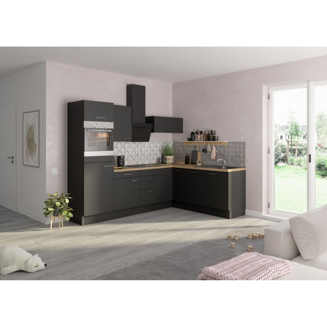 Winkelküche mit E-Geräten 'OPTIkoncept Ingvar420' anthrazit matt 270 cm