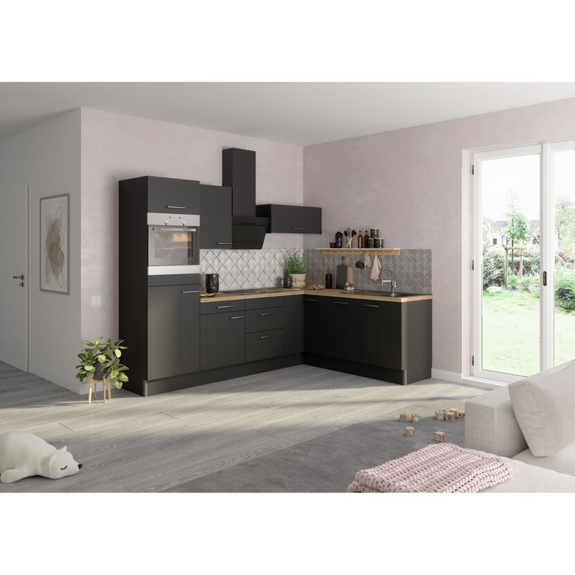 Winkelküche mit E-Geräten 'OPTIkoncept Ingvar420' anthrazit matt 270 cm