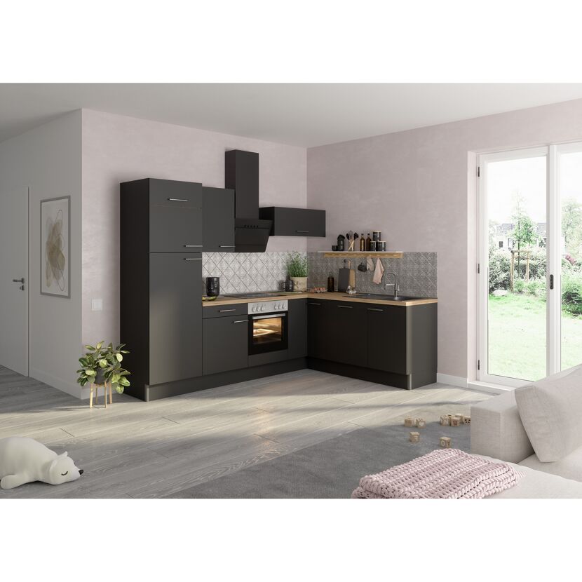 Winkelküche mit E-Geräten 'OPTIkoncept Ingvar420' anthrazit matt 270 cm