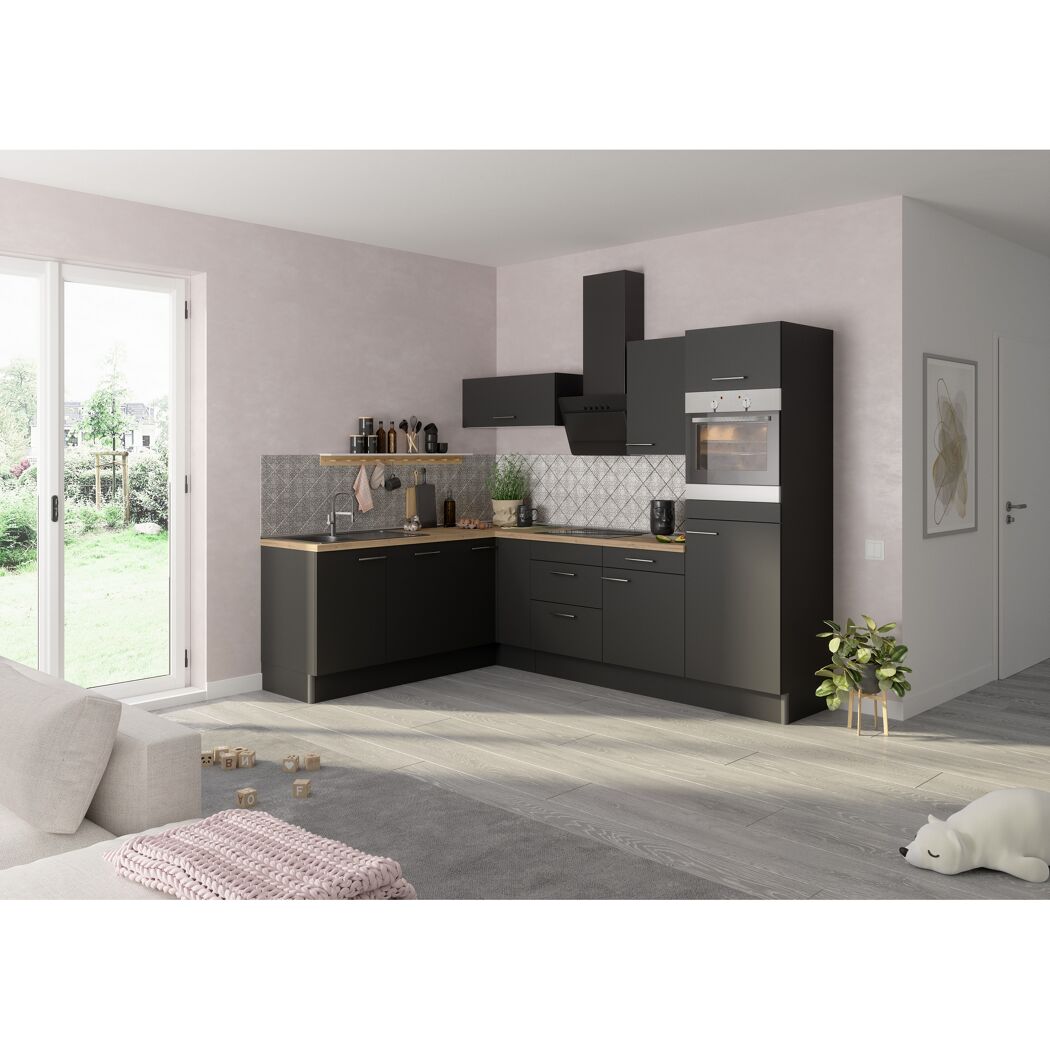 Winkelküche mit E-Geräten 'OPTIkoncept Ingvar420' anthrazit matt 270 cm