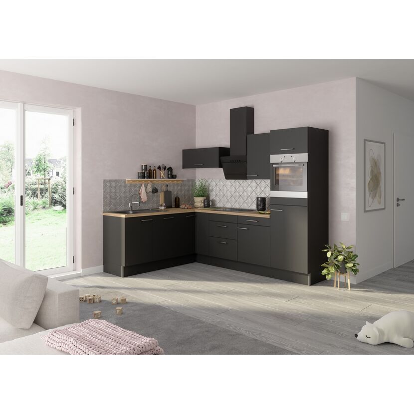 Winkelküche mit E-Geräten 'OPTIkoncept Ingvar420' anthrazit matt 270 cm