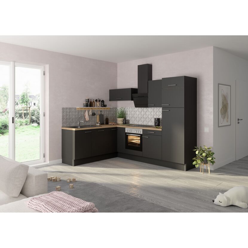 Winkelküche mit E-Geräten 'OPTIkoncept Ingvar420' anthrazit matt 270 cm