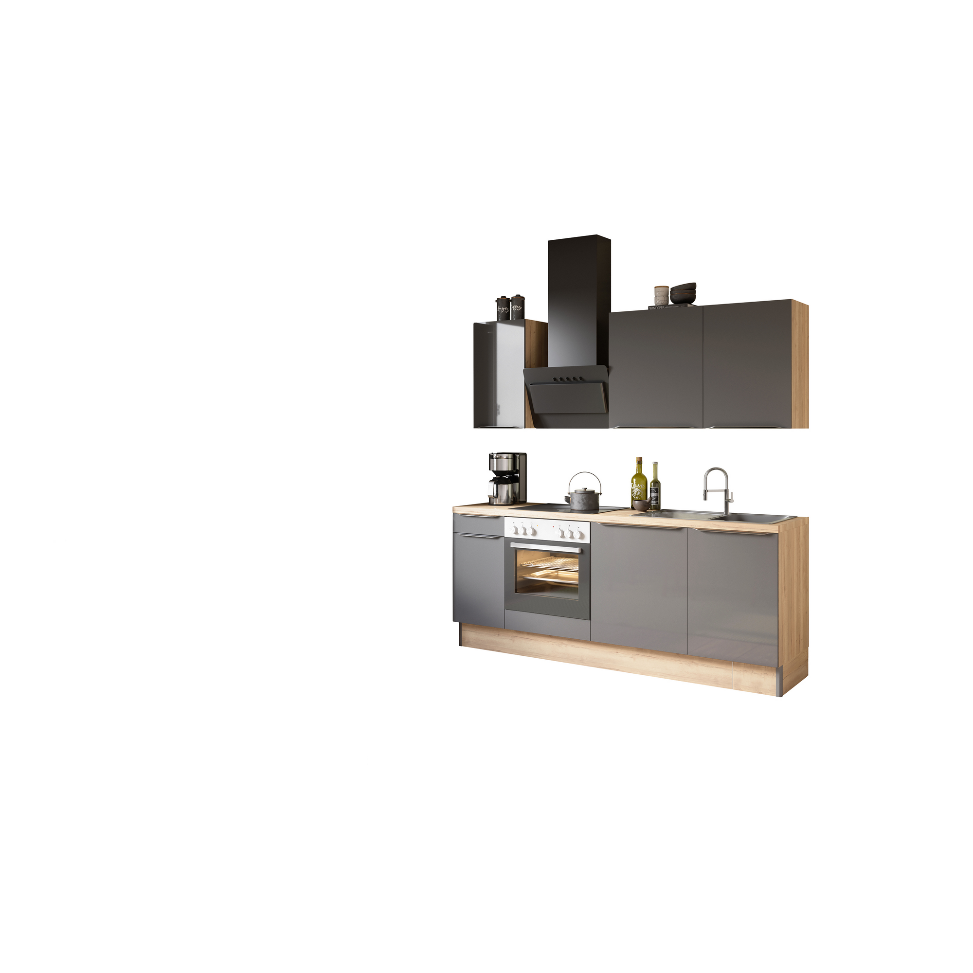Küchenzeile mit E-Geräten 'OPTIkoncept Linus984' anthrazit/eichefarben210 cm + product picture