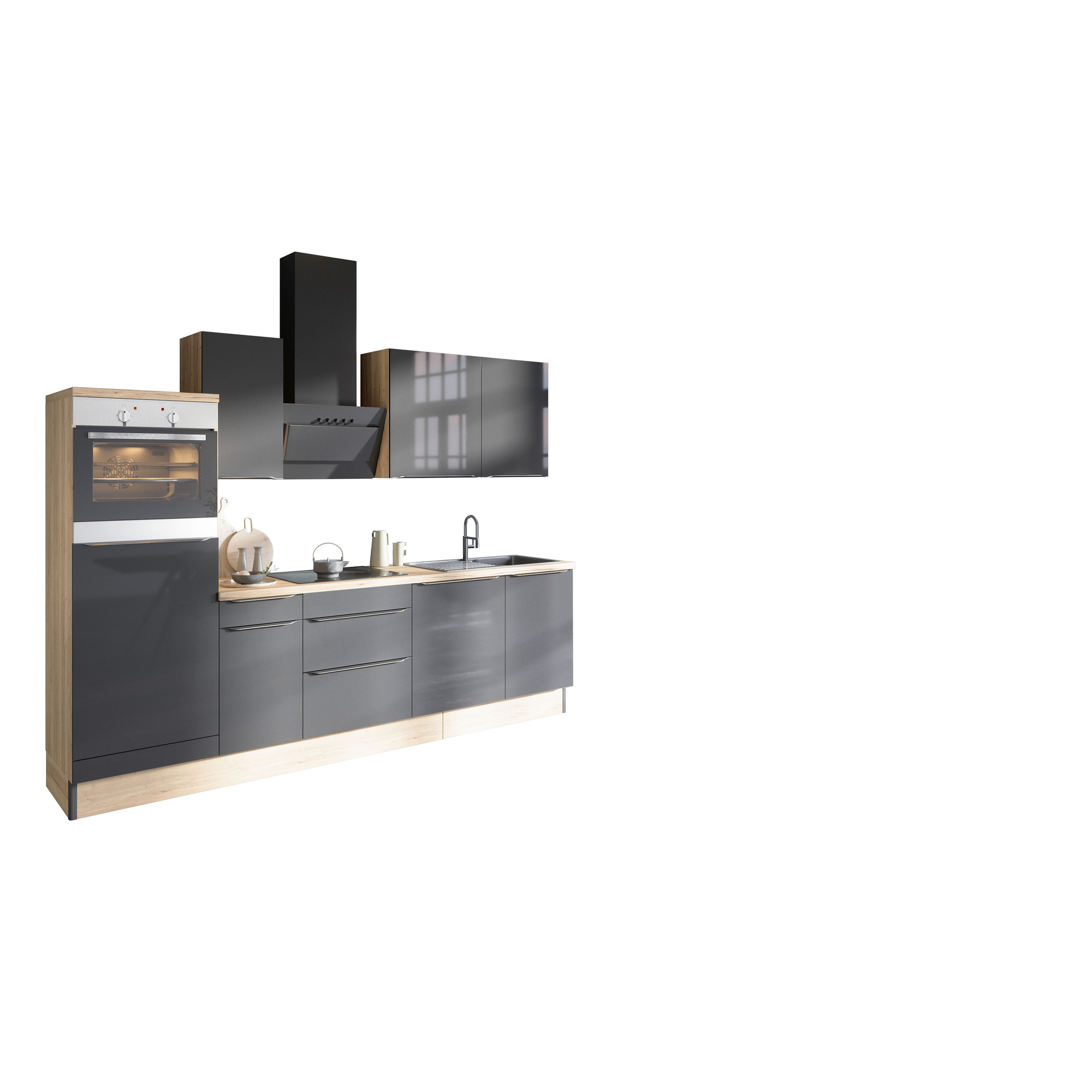 Küchenzeile mit E-Geräten 'OPTIkoncept Linus984' anthrazit/eichefarben 270 cm + product picture