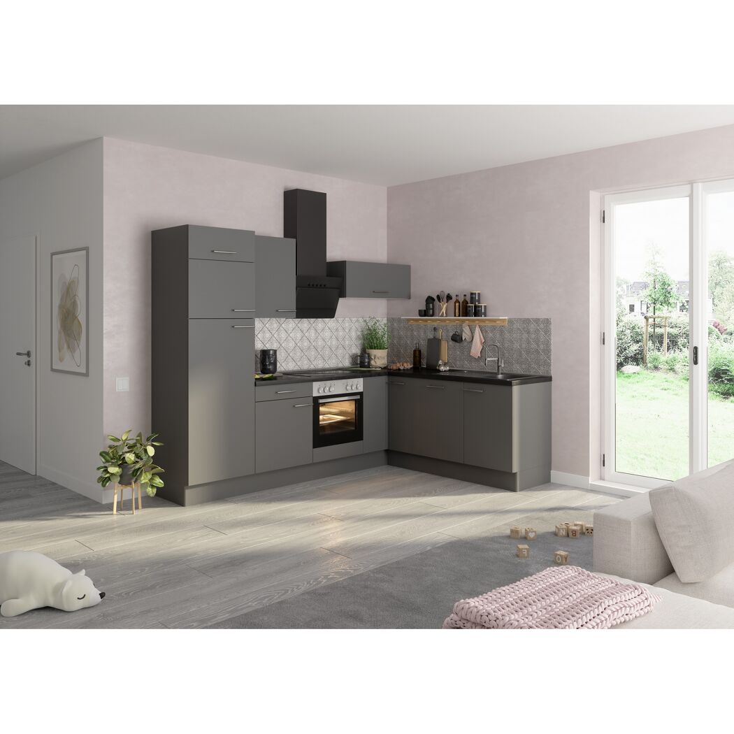 Winkelküche mit E-Geräten 'OPTIkoncept Mats825' grau 270 cm