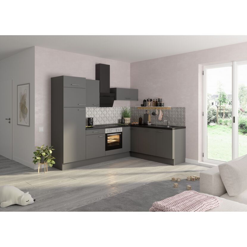 Winkelküche mit E-Geräten 'OPTIkoncept Mats825' grau 270 cm