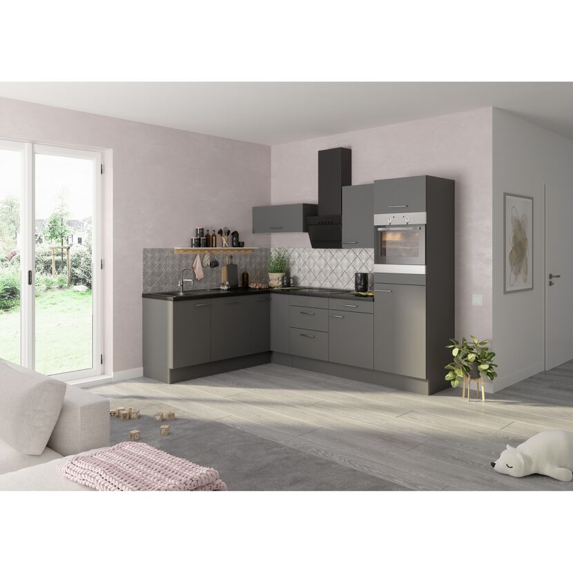Winkelküche mit E-Geräten 'OPTIkoncept Mats825' grau 270 cm