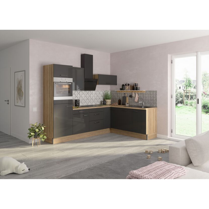 Winkelküche mit E-Geräten 'OPTIkoncept Jonte984' anthrazit/eichefarben 270 cm