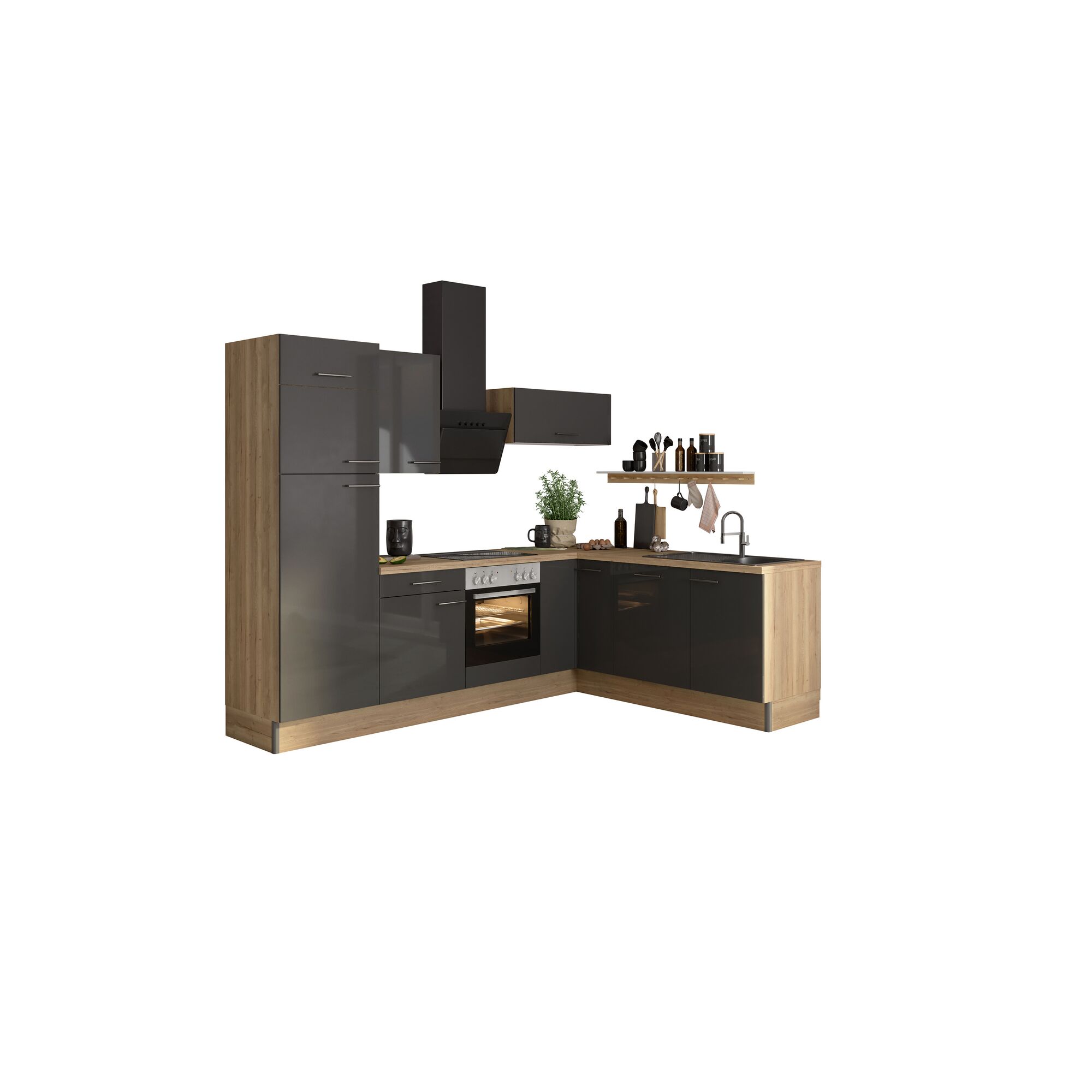 Graue Eckküche mit Holzakzenten