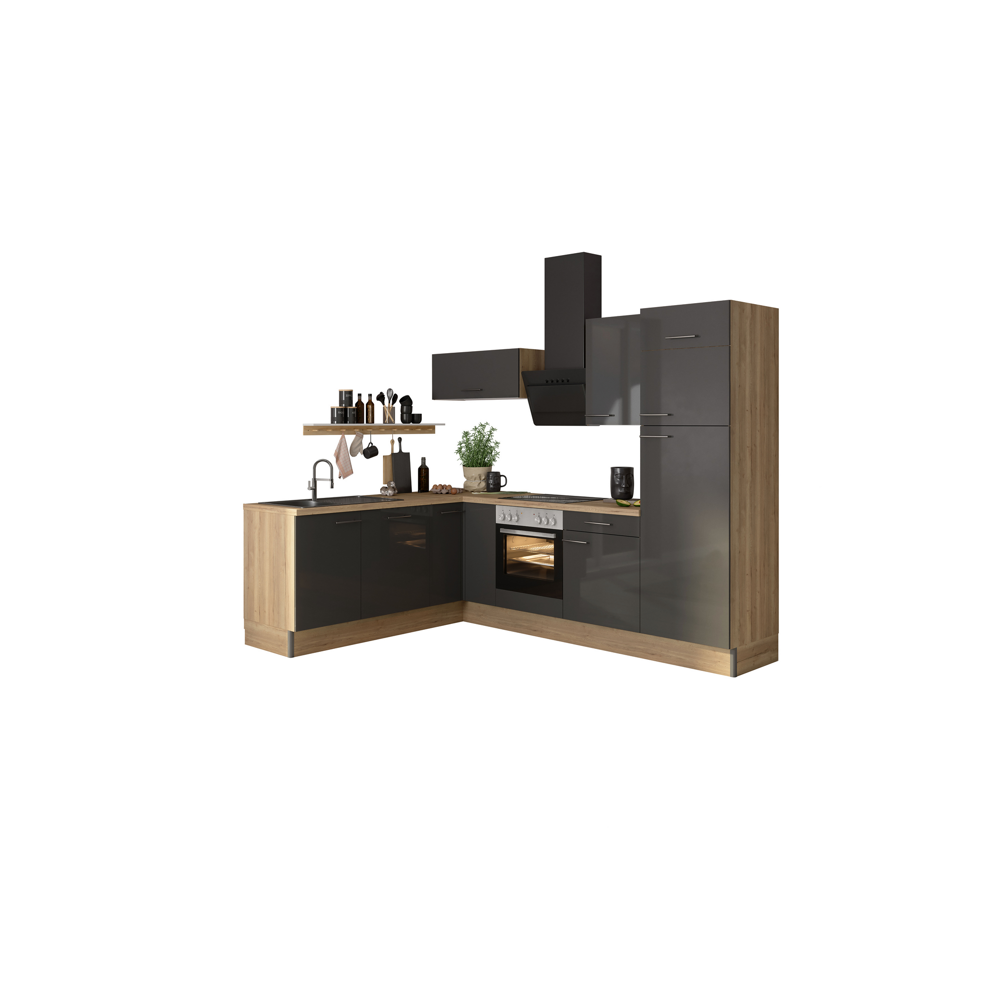 Winkelküche mit E-Geräten 'OPTIkoncept Jonte984' anthrazit/eichefarben 270 cm + product picture