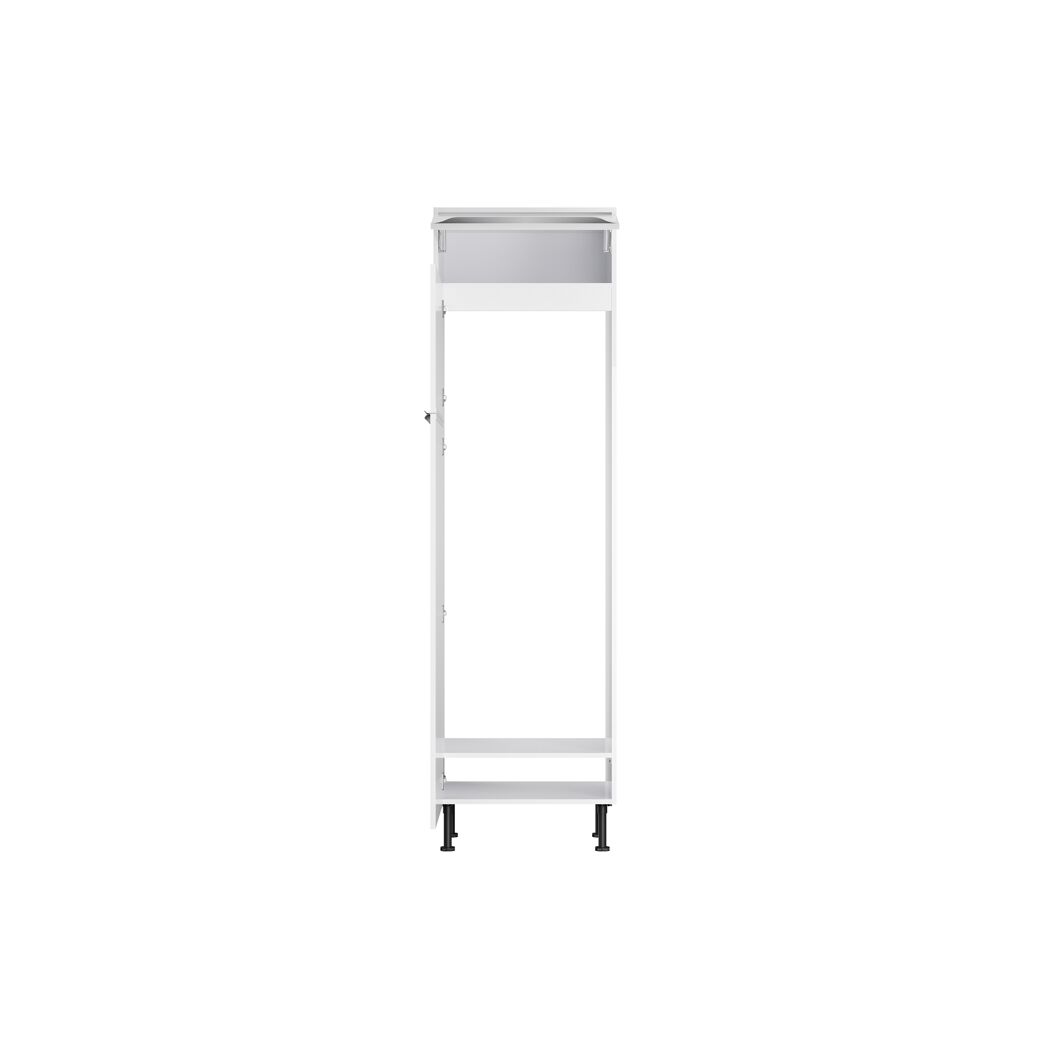 Weißer Kleiderschrank mit offener Tür.