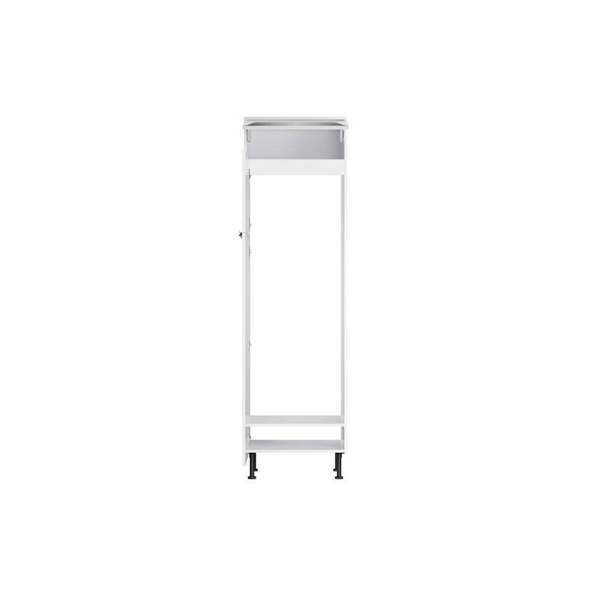 Weißer Kleiderschrank mit offener Tür.