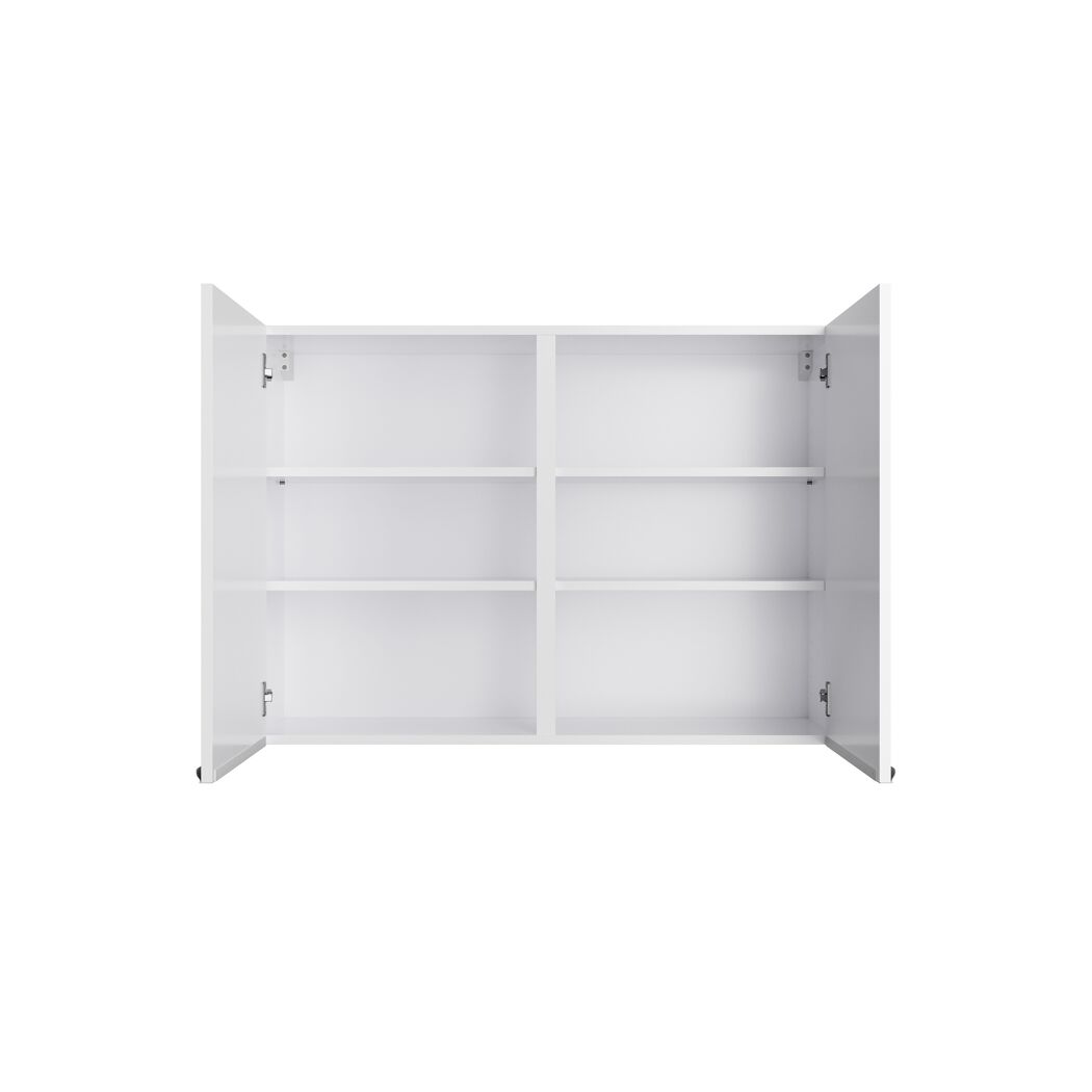 Weißer Wandschrank mit offenen Türen und leeren Regalen