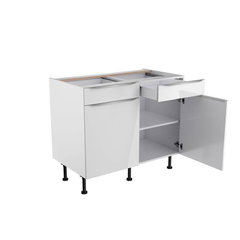 Weißer Küchenschrank mit Schublade und Tür geöffnet