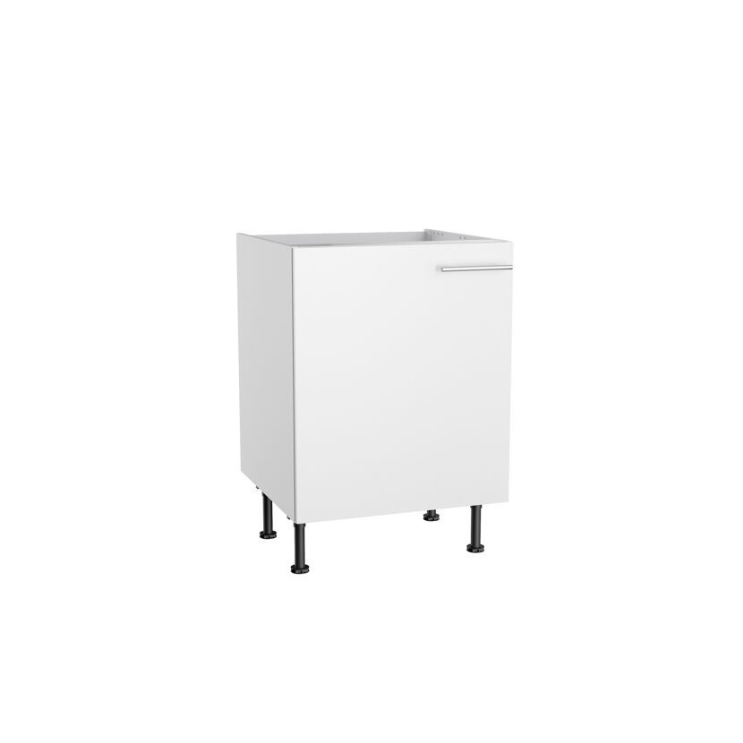 Weißer Küchenschrank mit silbernem Griff.