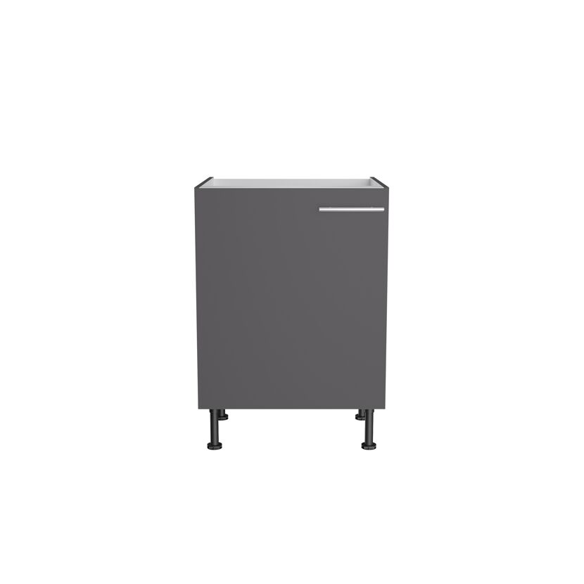 Grauer Küchenschrank mit Tür und Metallgriff.