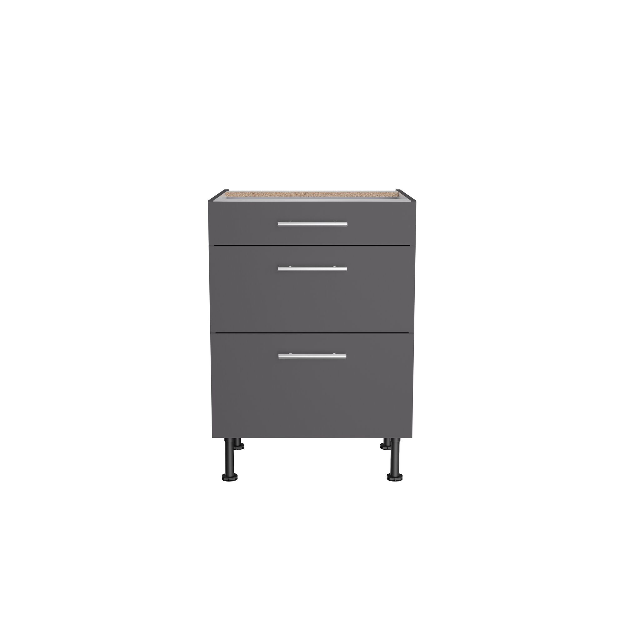 Grauer Küchenschrank mit drei Schubladen