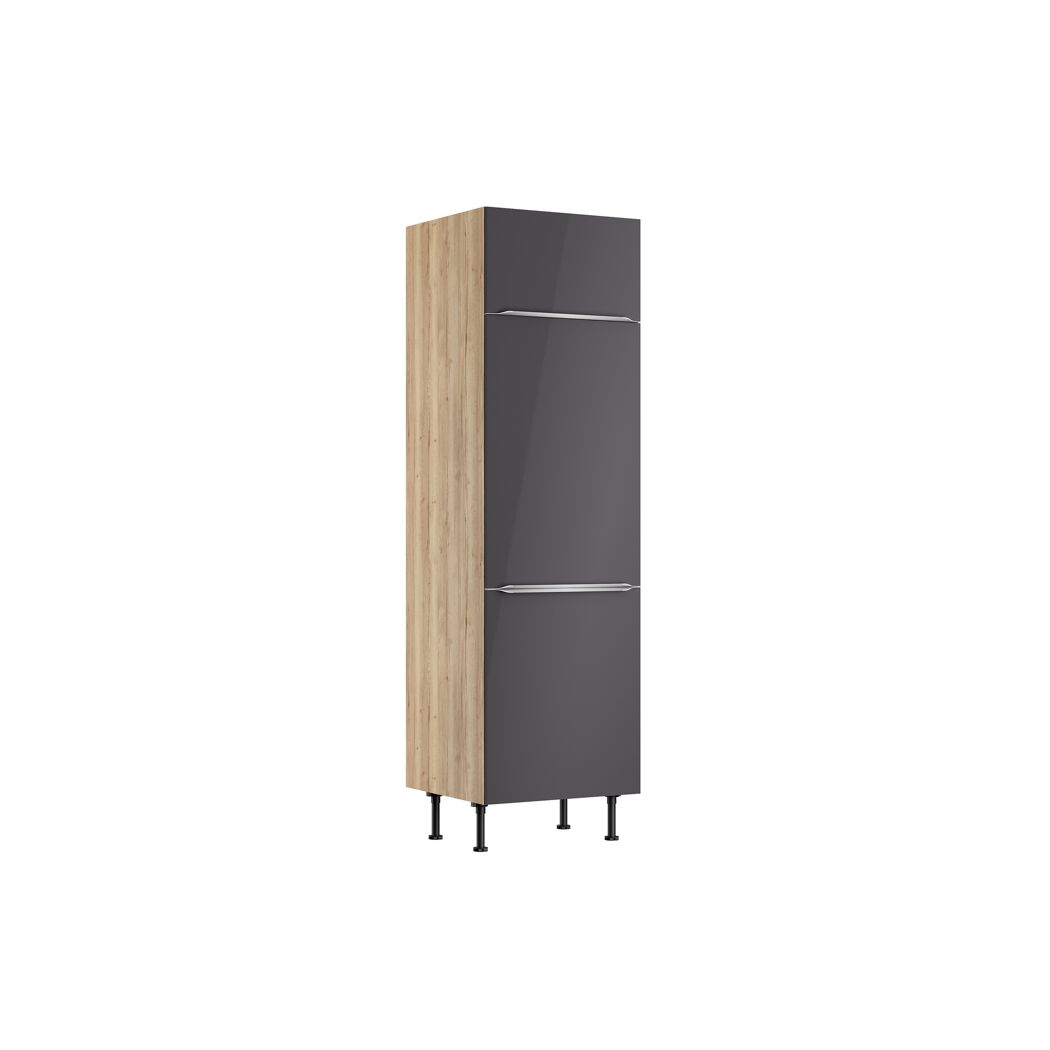 Grauer Hochschrank mit Holzelementen