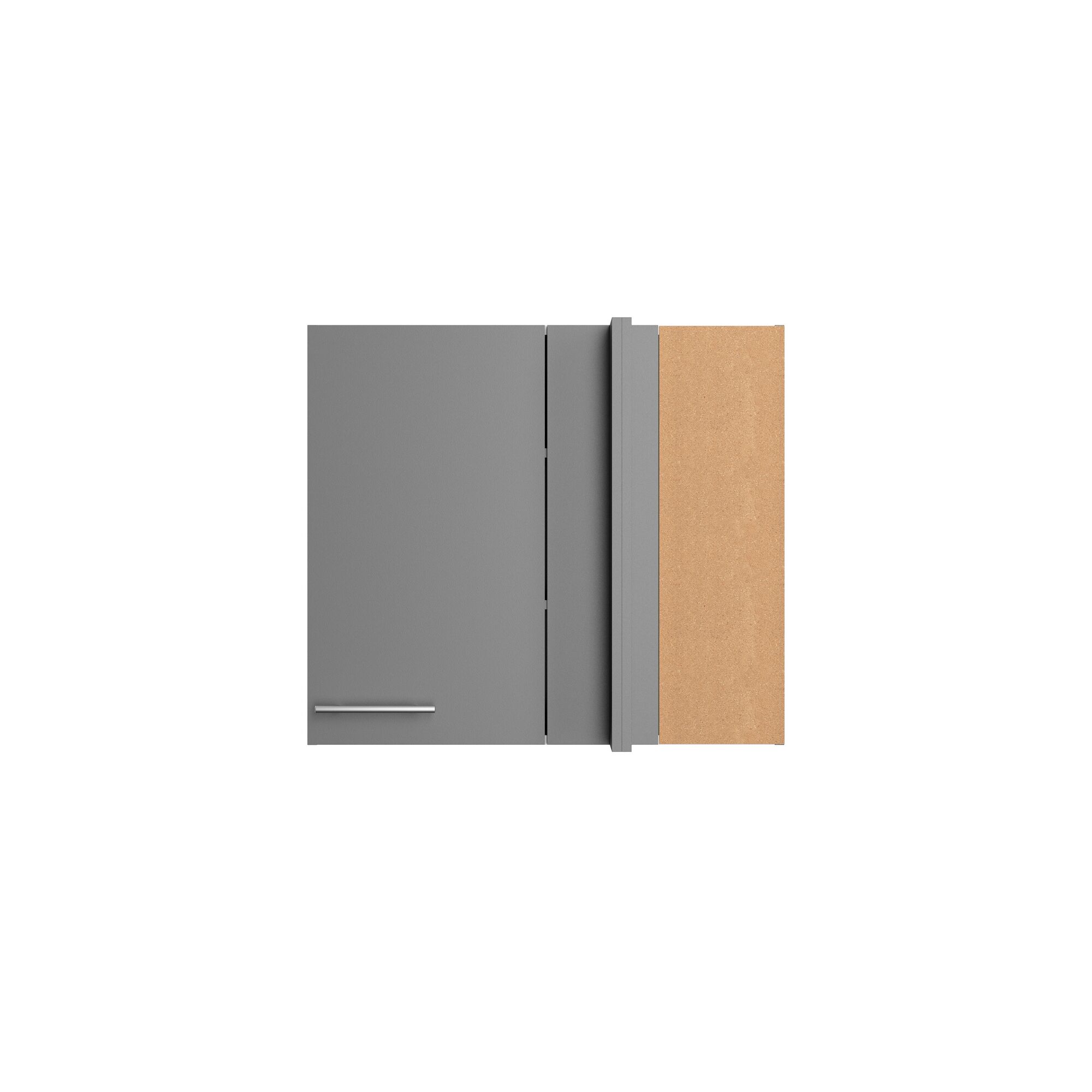 Grauer Eckschrank mit Korkrückwand