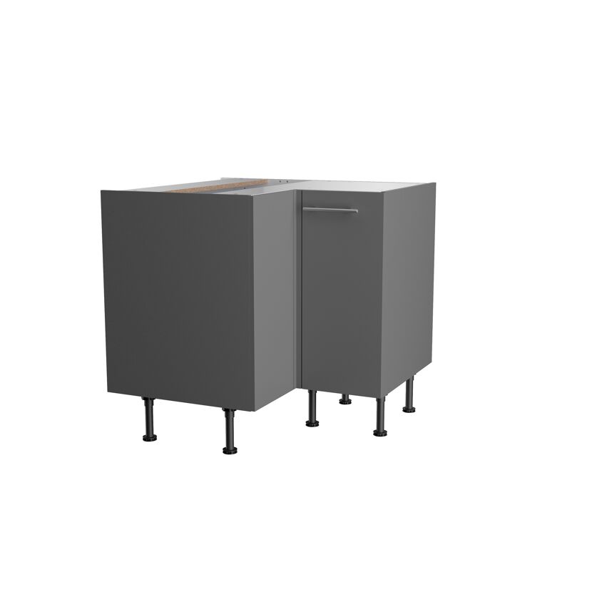Grauer Eckunterschrank mit silbernem Griff