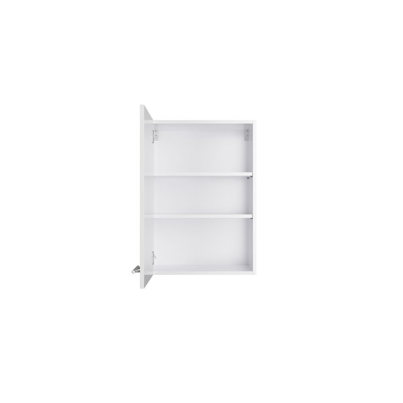 Offener weißer Wandschrank mit drei Einlegeböden.