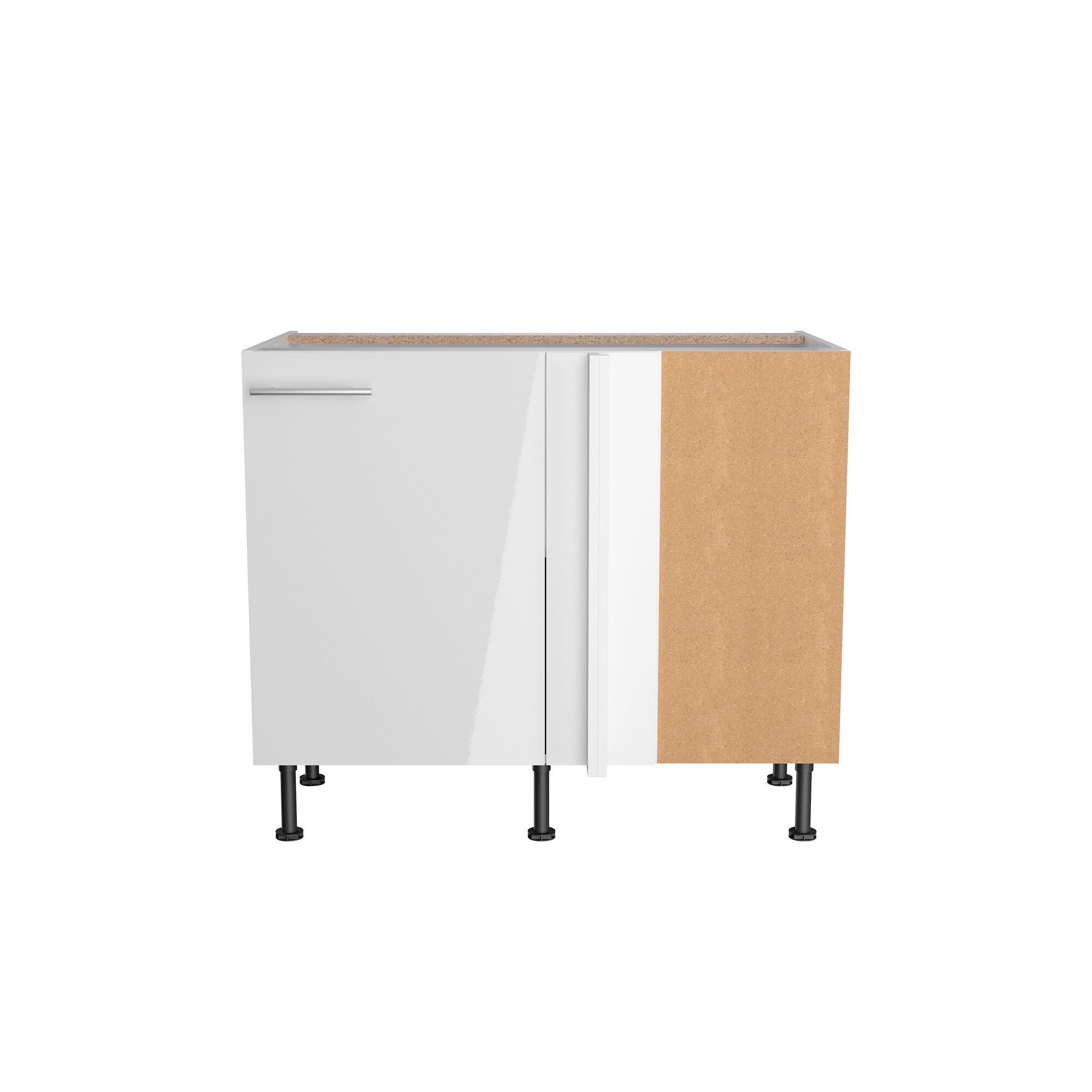 Weißer Eckküchenschrank mit brauner Rückwand