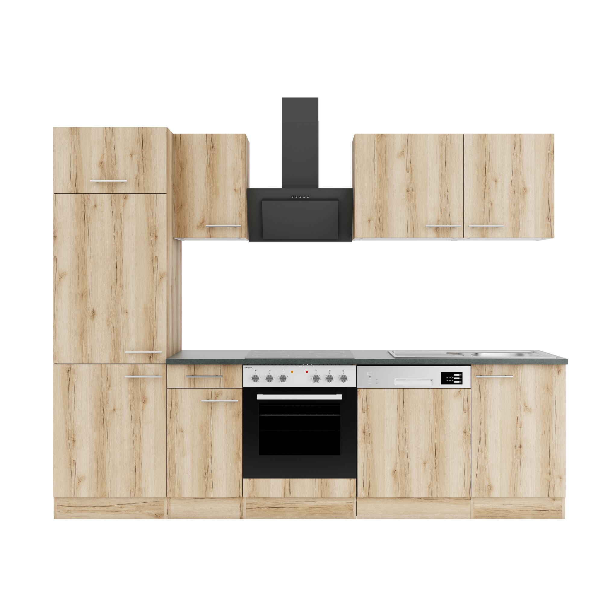 Helles Einbauküche mit Herd, Spüle und Dunstabzugshaube