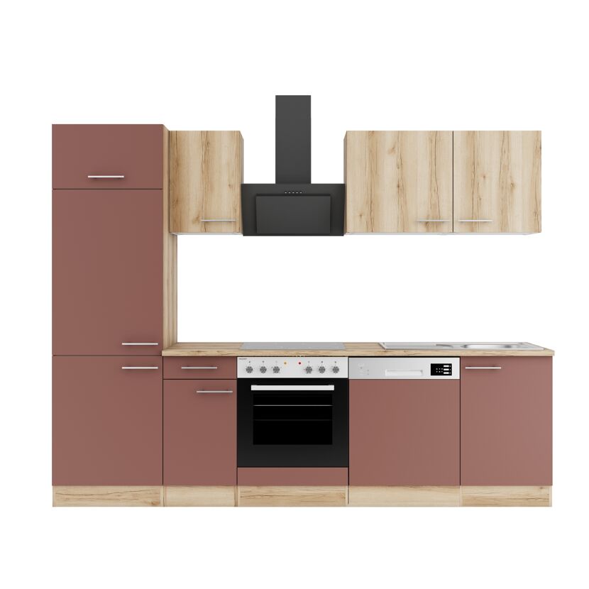 Rote und braune Einbauküche mit Elektrogeräten